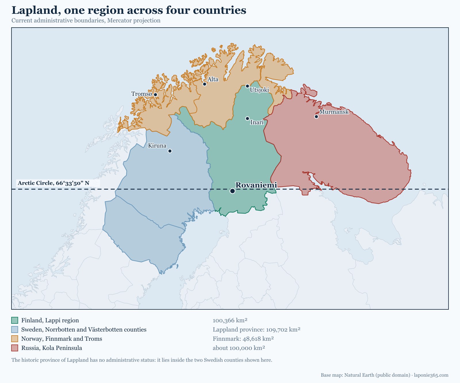 Map of Lapland divided between Finland, Sweden, Norway and Russia, showing the Arctic Circle running through Rovaniemi