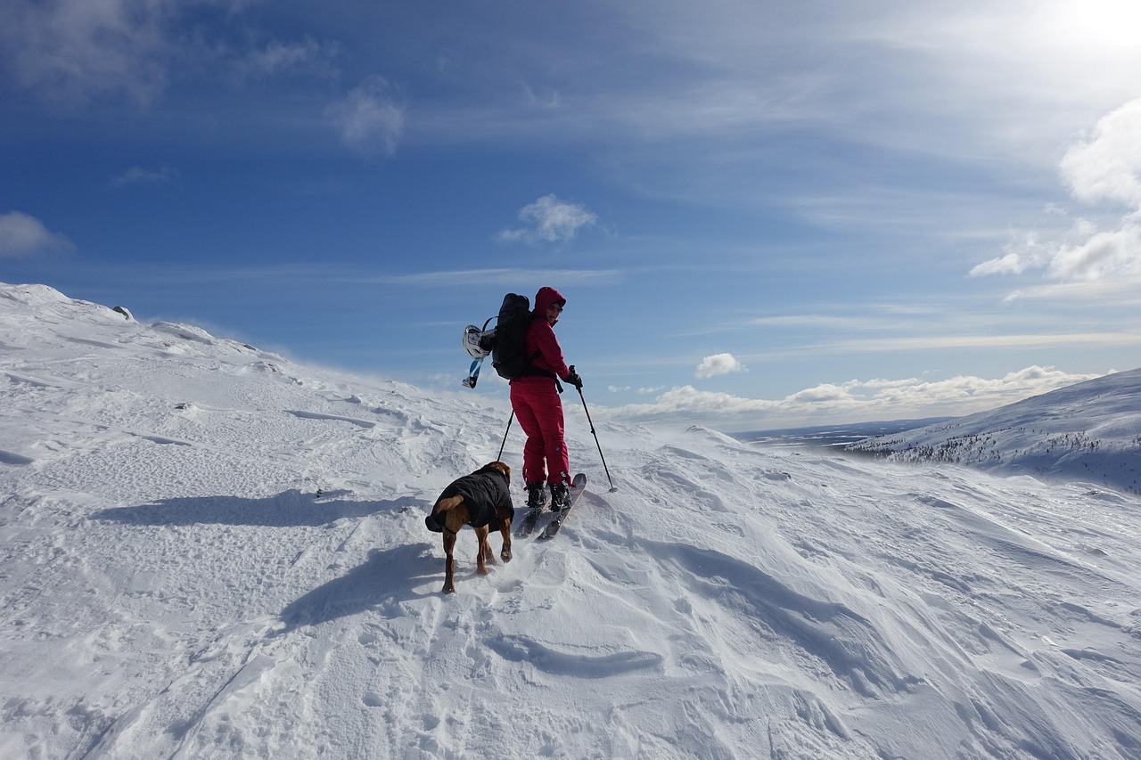 Skieur descendant une pente enneigée sur un fell de Laponie finlandaise au soleil rasant