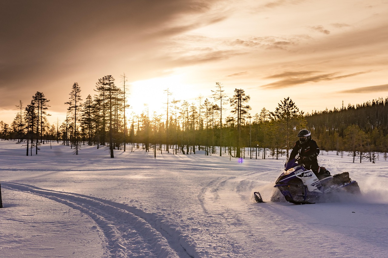 Motoneige à l'arrêt dans un paysage de Laponie sous le soleil bas d'hiver